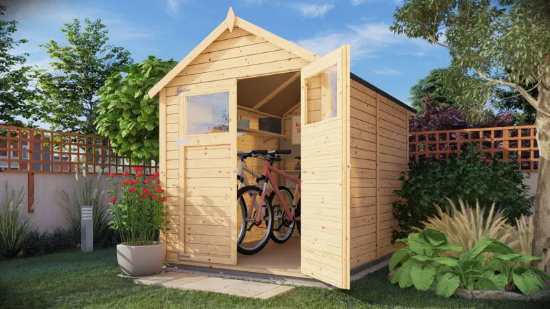 Gerätehaus Landshut 03 inkl. Fußboden, Naturbelassen - 14 mm Elementgartenhaus, Nutzfläche: 4,20 m², Satteldach