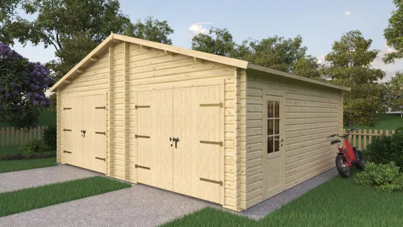 Doppelgarage TW 52 | Fichten- und Kiefernholz | Grundfläche 40,46 m² | Holzgarage mit Satteldach | Doppelflügeltor, Doppelfenster und Einzeltür