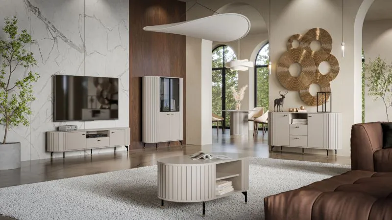 Stilvolles Wohnzimmer Komplett - Set D Annelin, 5-teilig, in Kaschmir, 1 TV-Unterschrank, 1 Vitrine, 1 Kommode, 1 Couchtisch, 1 Esstisch, Füße: Metall