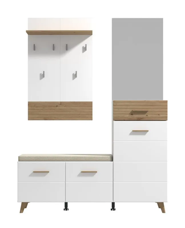 Garderobe mit Sitzbank inkl. Stauraum Bineva 01, Spiegel, sechs Fächer, eine Schublade, sechs Haken, gepolsterte Sitzfläche, Maße: 189,5 x 141 x 35 cm