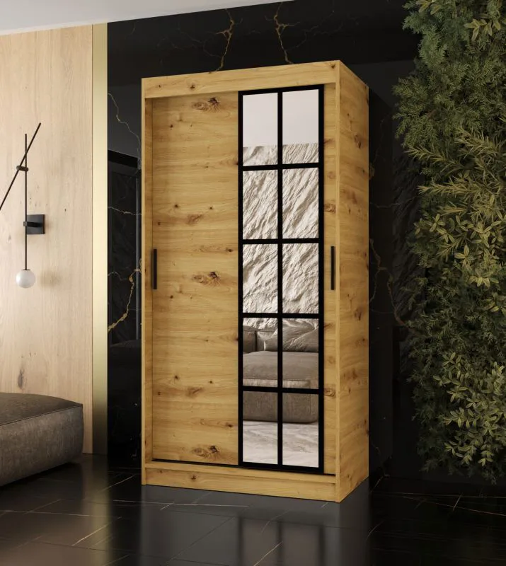 Kleiderschrank | Farbe: Eiche Artisan | 5 Fächer | 2 Kleiderstangen | hochwertig Verarbeitet | schmal | 100 x 62 x 200 cm | Schiebetürenschrank | dekorative Spiegeltür