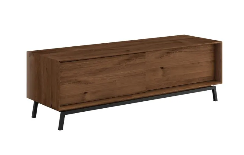 TV-Unterschrank mit zwei Holzschiebetüren Salleron 13, Eiche massiv geölt, Farbe: Tabacco, Maße: 52 x 200 x 50 cm, vier Fächer, für Wohnzimmer