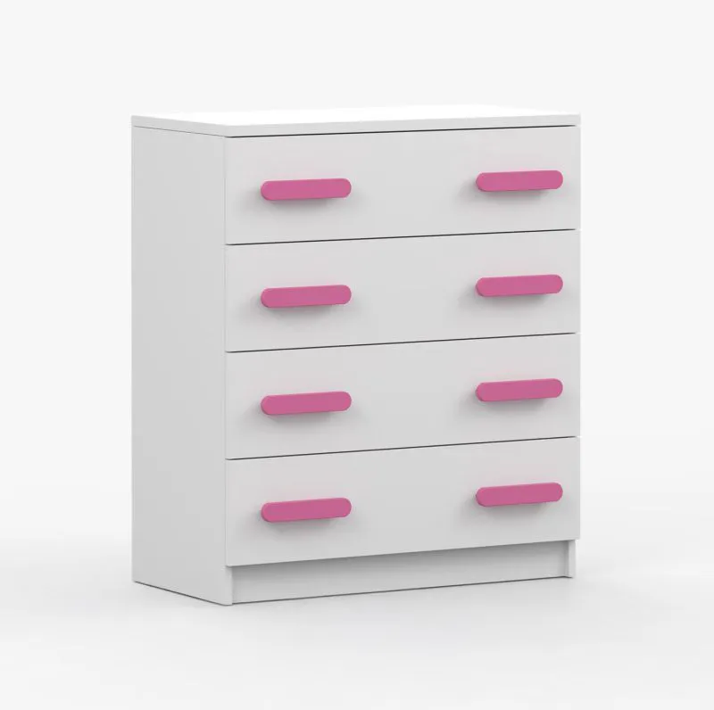 Kommode 80 cm breit | Smolikas 18 | Weiß | 4 geräumige Schubladen | rosa Holzgriffe |  90 x 80 x 40 cm | eckig | Kinder | Jugend