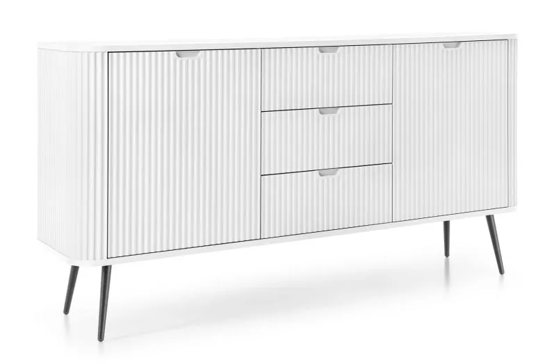 Weiße Kommode Makreb 07 mit 3 Schubladen, 87 x 168 x 39 cm, Beine aus Metall in Schwarz, gefräßte Front, Soft Close, 4 Fächer, 2 Türen, ABS