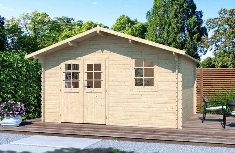 Holz-Gartenhaus 4,48 x 4,21 Meter (inkl. Dach) | Natur | Satteldach | 28 mm Blockbohlen-Haus Abbildung
