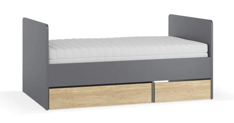 Jugendbett | 2 Schubladen | Farbe: Graphite / Eiche | Kinderbett | Liegefläche: 90 x 160 - 200 cm | Vergrößerbar | für Kinderzimmer | inkl. Lattenrost 