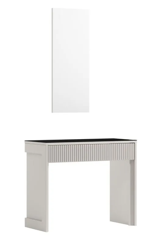 Schminktisch mit 2 Schubladen und Spiegel, in Kaschmir, Rillenmuster an der Front, Ablagefläche aus Antisolglas, Soft Close und Push-to-open System