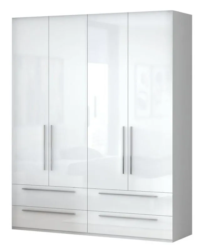 182 cm breiter Kleiderschrank mit 4 Türen, 2 Fächern und 4 Schubladen | Farbe: Weiß | Tiefe: 56 cm Abbildung