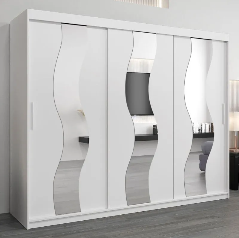Schiebetürenschrank / Kleiderschrank Hacho 06 mit Spiegel, Farbe: Weiß matt - Abmessungen: 200 x 250 x 62 cm ( H x B x T)