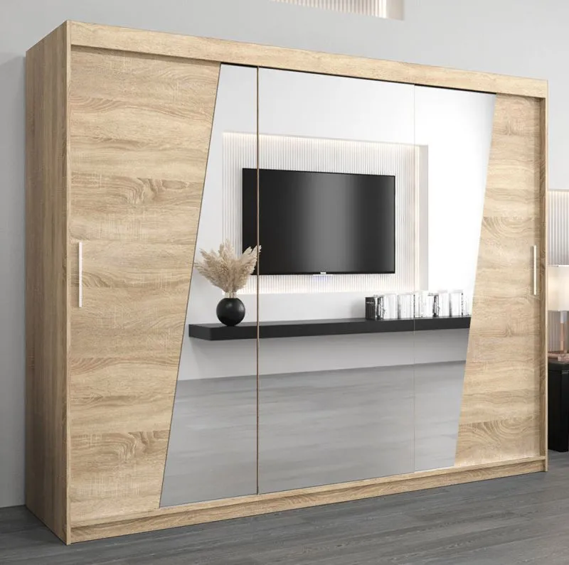 Großer 250 cm breiter Kleiderschrank mit 10 Fächern und 3 Türen | Farbe: Sonoma Eiche Abbildung