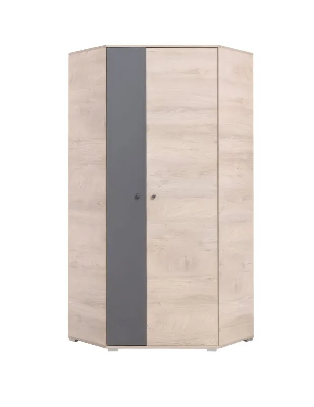 Jugendzimmer Drehtürenschrank / Eckschrank Chiny 02, Farbe: Eiche / Grau - Abmessungen: 190 x 90 x 90 cm (H x B x T)