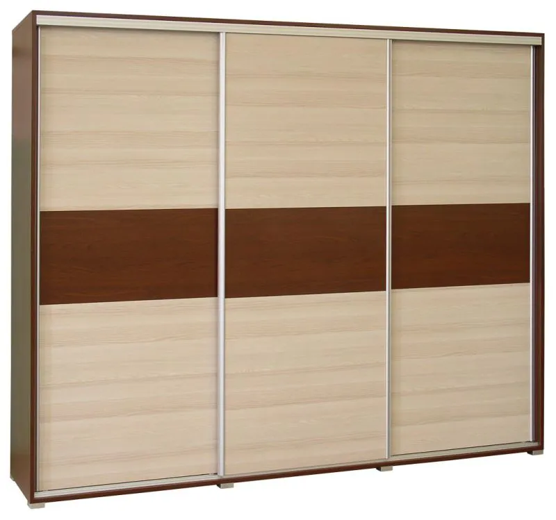 240 cm breiter Schiebetürenschrank mit 3 Türen | 6 Fächer | 3 Kleiderstangen | Farbe: Nuss Abbildung