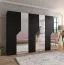 Drehtürenschrank | 3 Spiegeltüren | Farbe: Schwarz | 3 Fächer | 3 Kleiderstangen | Soft-Close-Funktion | Griffe: Gold | Maße: 300 x 52 x 202 cm | Kleiderschrank | ABS-Kanten