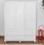 Kleiderschrank | 3 Drehtüren | 4 Schubladen | 4 Fächer | mit Kleiderstange | 155 cm breit | Massivholz | Farbe: Weiß Abbildung