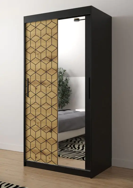 Moderner Kleiderschrank mit fünf Fächern Dom 77, Farbe: Schwarz matt / Eiche Artisan - Abmessungen: 200 x 100 x 62 cm (H x B x T), mit einen Spiegel