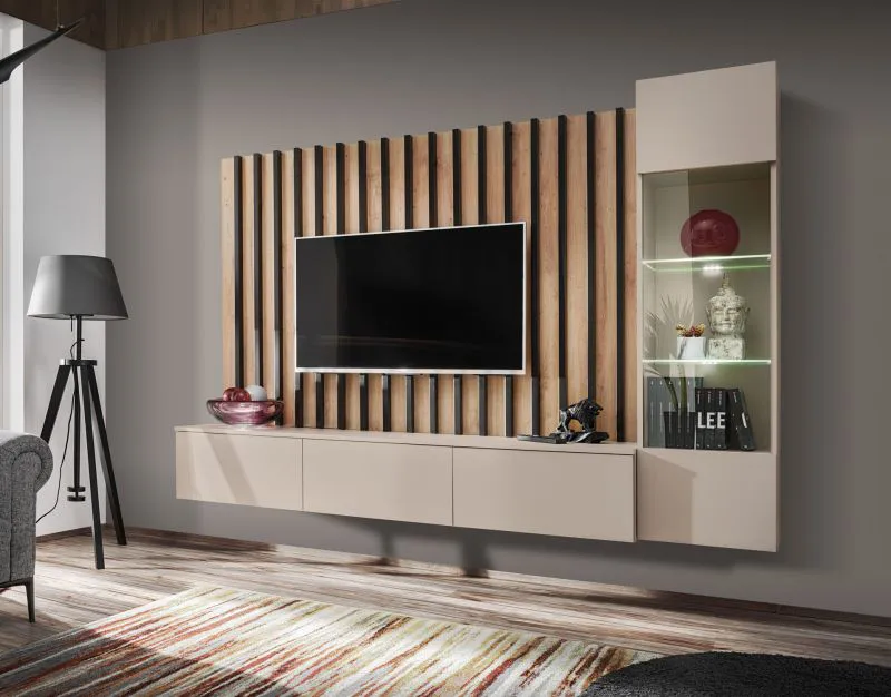 Wohnwand | Farbe: Kaschmir | Push-to-open Funktion | Maße: 220 x 35 x 148 cm | 1 TV-Unterschrank | 1 Vitrine | für Wohnzimmer