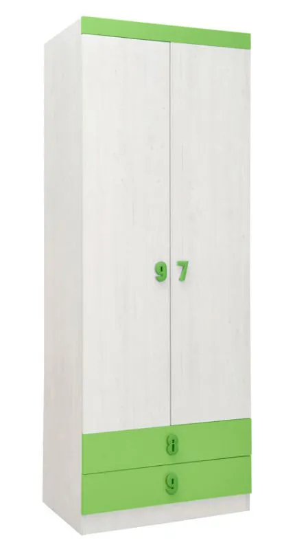 Kinderzimmer - Drehtürenschrank / Kleiderschrank Luis 19, Farbe: Eiche Weiß / Grün - 218 x 80 x 52 cm (H x B x T)