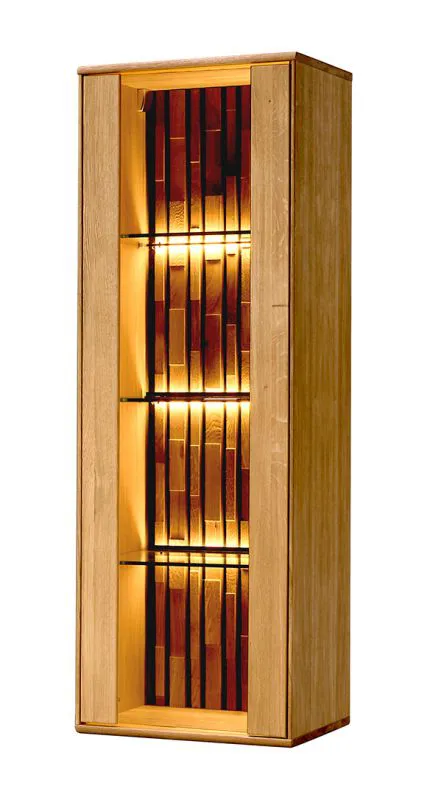 Hängevitrine Nobres 05, Türanschlag beidseitig montierbar, 138 x 46,5 x 39 cm, Eiche / Natur, inkl. LED-Beleuchtung, 1 Glastür, 3 Glaseinlegeböden