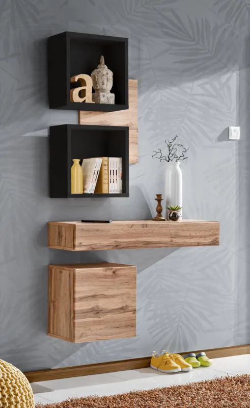 Garderobe Komplett - Set C Pollestad, 3-teilig, Farbe: Eiche Wotan / Schwarz, zwei Hängeregale, ein Hängeschrank, eine Wandkonsole mit Schublade
