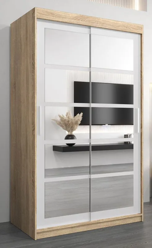 120 cm breiter Kleiderschrank mit 5 Fächern und 2 Türen | Farbe: Sonoma Eiche / Weiß Abbildung