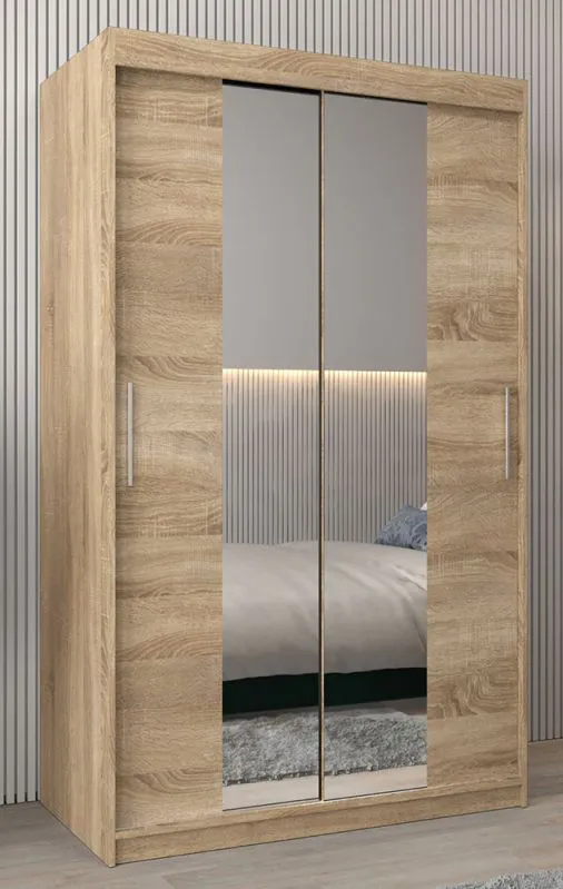 Schiebetürenschrank / Kleiderschrank Bisaurin 2B mit Spiegel, Farbe: Eiche Sonoma - Abmessungen: 200 x 120 x 62 cm ( H x B x T)
