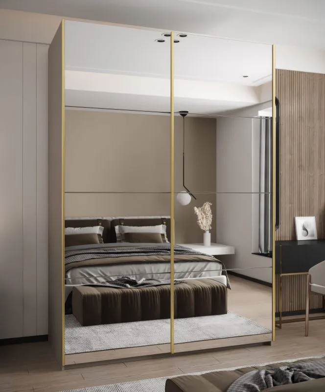 Kleiderschrank / Schiebetürenschrank | 11 Fächer | Soft-Close | 245,5 x 180 x 64 cm | Farbe: Kaschmir | 2 Schiebetüren | 2 Kleiderstangen | Spiegel