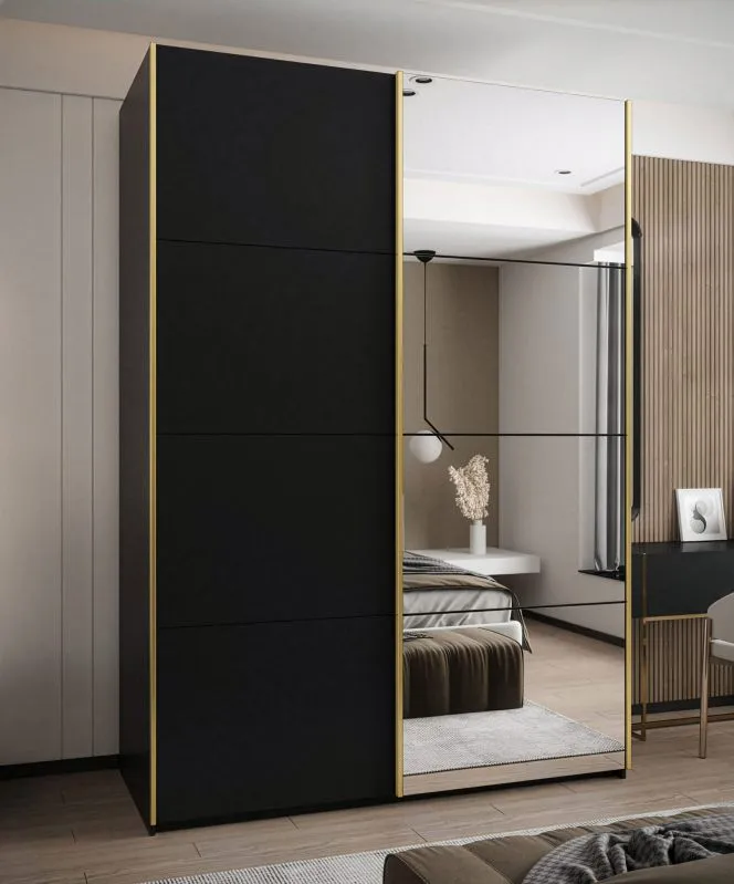 Kleiderschrank / Schiebetürenschrank | 2 Kleiderstangen | 245,5 x 180 x 64 cm | Spiegel | 11 Fächer | Soft-Close | 2 Schiebetüren | Farbe: Schwarz