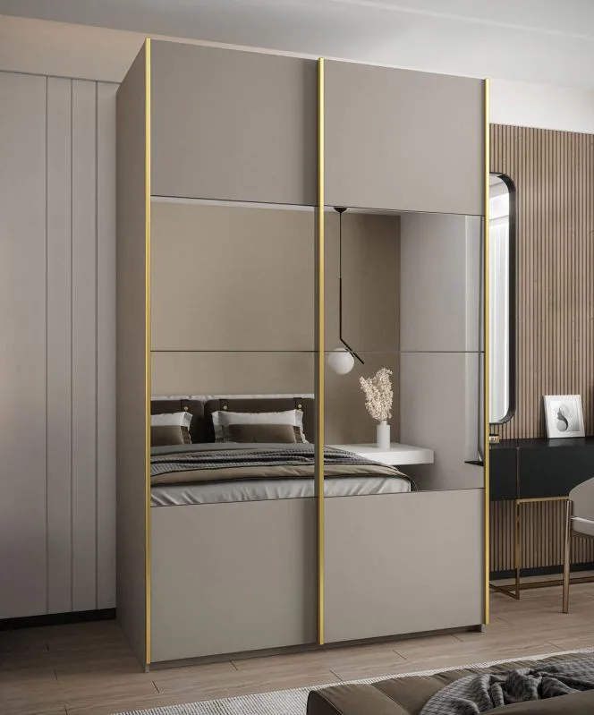 Kleiderschrank / Schiebetürenschrank | Farbe: Kaschmir | 245,5 x 150 x 64 cm | 2 Kleiderstangen | 2 Schiebetüren | Soft-Close | Spiegel | 6 Fächer