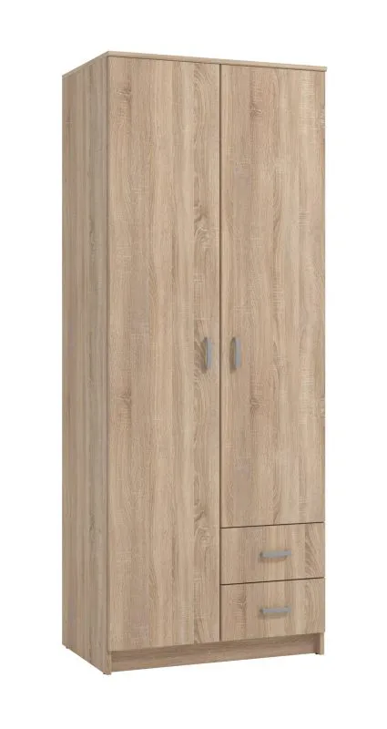 Schmaler Kleiderschrank Kovin 09, Farbe: Eiche Sonoma, zwei Schubladen, fünf Fächer, Maße: 205 x 80 x 52 cm, robust, eine Kleiderstange, ABS-Kanten