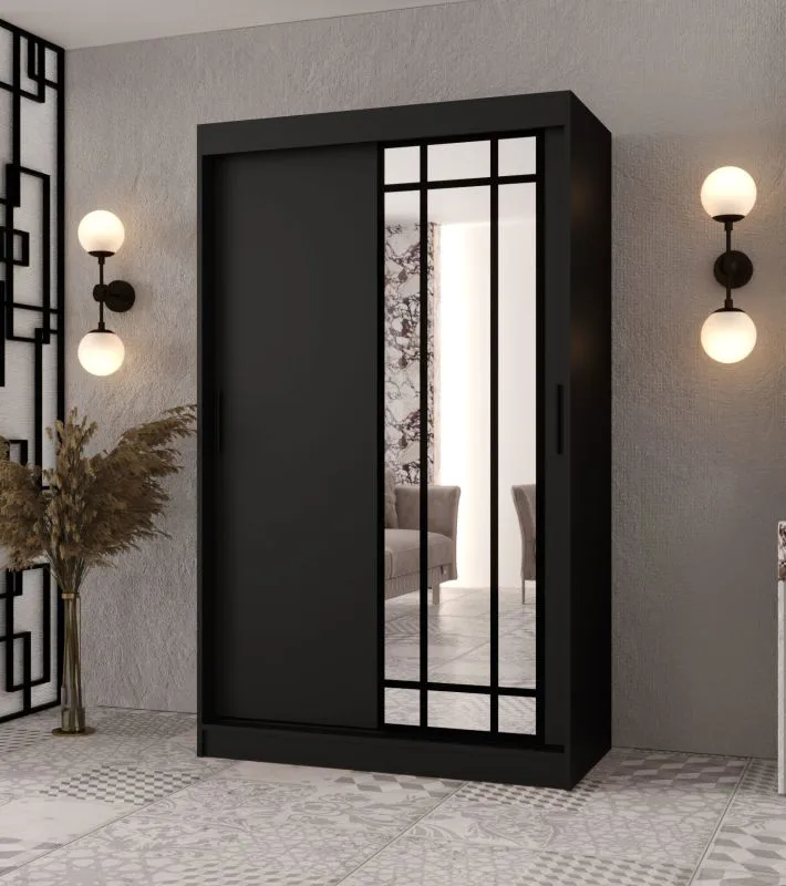 Kleiderschrank | Schwarz Matt | 1 Spiegeltür | 120 x 62 x 200 cm | 2 Kleiderstangen | Moderne Details | 5 Fächer | Zuverlässiges Gleitsysteme