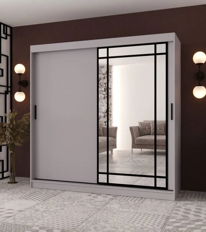 Kleiderschrank | Kaschmir | 10 Fächer | 200 x 62 x 200 cm | 2 Kleiderstangen | dekorative Spiegeltür | Schiebetürenschrank | hochwertig Verarbeitet