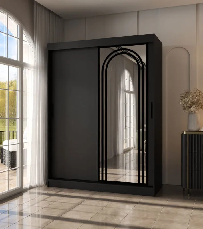 Schiebetürenschrank / Kleiderschrank | Schwarz Matt | 5 Fächer | 2 Kleiderstangen | 150 x 62 x 200 cm | hochwertig Verarbeitet | Spiegeltür