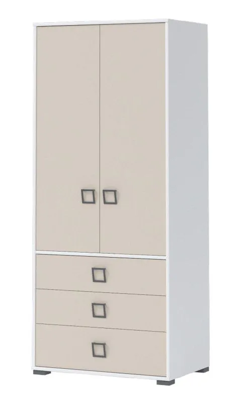 Kleiderschrank | 2 Drehtüren | 3 Schubladen | 1 Fach | mit Kleiderstange | 84 cm breit | Farbe: Weiß Abbildung