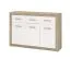 Sideboard / Kommode Pasua 02, Farbe: Eiche Grau / Weiß Hochglanz, drei Schubladen, ABS-Kanten, drei Türen, Maße: 90,5 x 133 x 35 cm, modernes Design