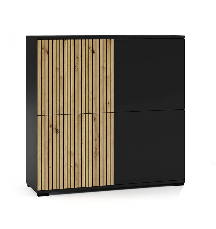 Kommode Valtierrilla 07, Farbe: Eiche Artisan / Schwarz, schlichtes Design, vier Türen für die Garderobe, Maße: 102 x 100 x 40 cm, acht Fächer