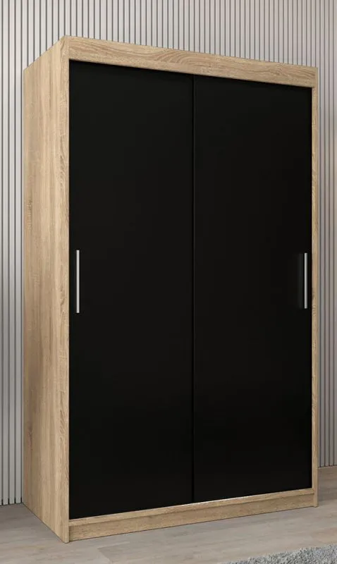 120 cm breiter Schiebetürenschrank mit 2 Türen | 5 Fächer | 2 Kleiderstangen | Farbe: Sonoma Eiche Abbildung