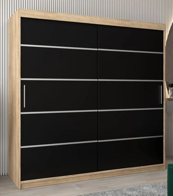 Schiebetürenschrank / Kleiderschrank Jan 05A, Farbe: Eiche Sonoma / Schwarz - Abmessungen: 200 x 200 x 62 cm ( H x B x T)