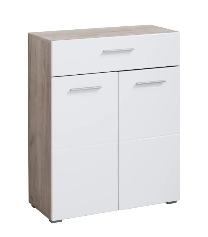 Kommode mit einer Schublade Kove 04, Farbe: Eiche Grau / Weiß Hochglanz, zwei Türen, drei Fächer, ABS-Kanten, Maße: 97,5 x 79 x 35 cm, für den Vorraum