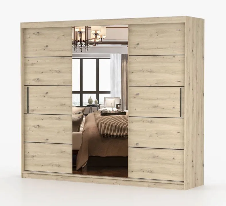 2,5 Meter breiter Kleiderschrank / Schiebetürenschrank mit Spiegel Artisan | Cevennen 21 | 218 x 250 x 61 cm | 3 Türen | 12 Fächer | Holzoptik