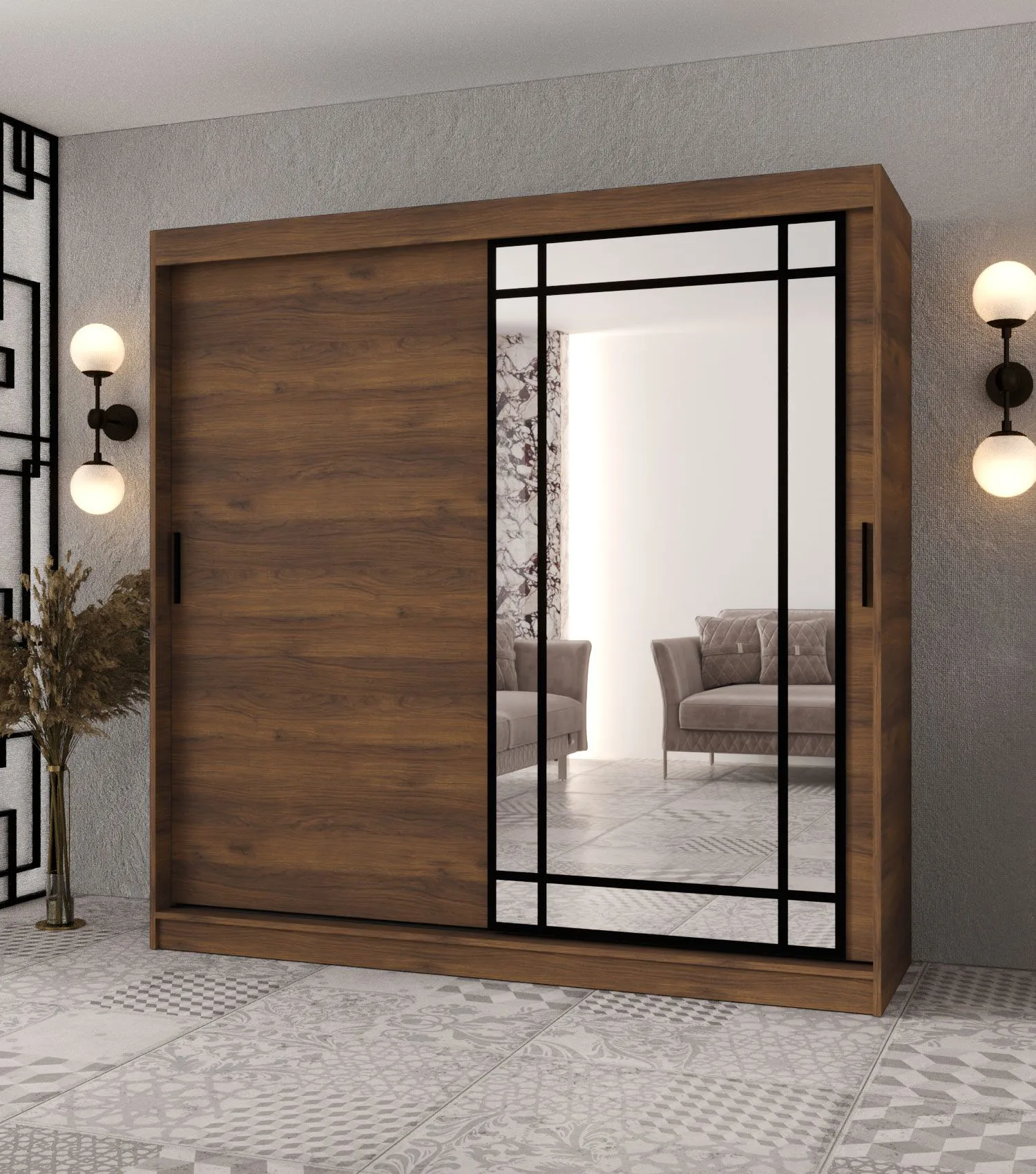 Kleiderschrank | Farbe: Farbe: Walnuss Warmia | 10 Fächer | 200 x 62 x 200 cm | 2 Kleiderstangen | dekorative Spiegeltür | Schiebetürenschrank