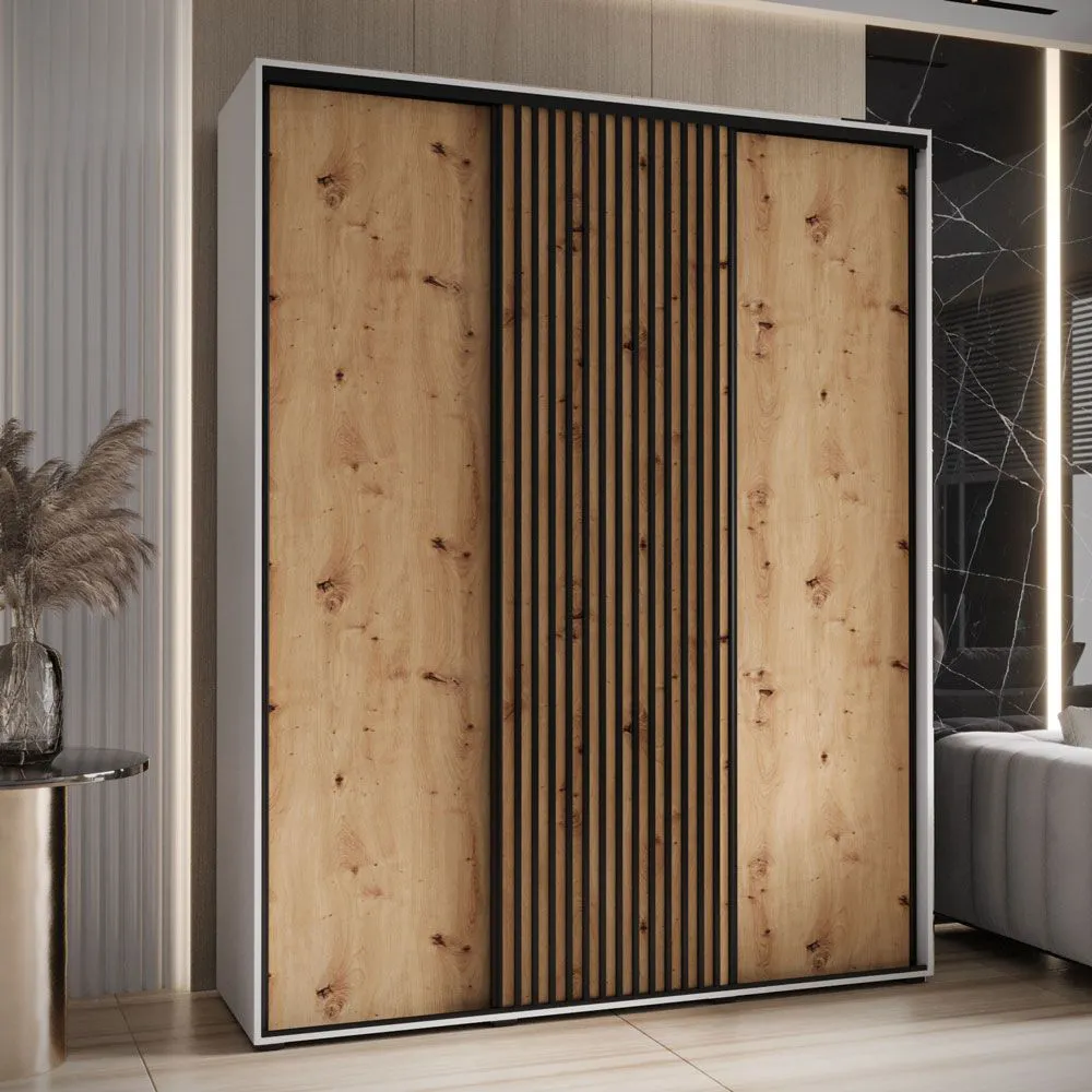 Kleiderschrank Mina mit Schiebetüren in Weiß/Eiche gehalten, Anti Staubbürsten, platzsparend, viel Stauraum, 235,2 x 190 x 60 cm, robust, moderne Optik