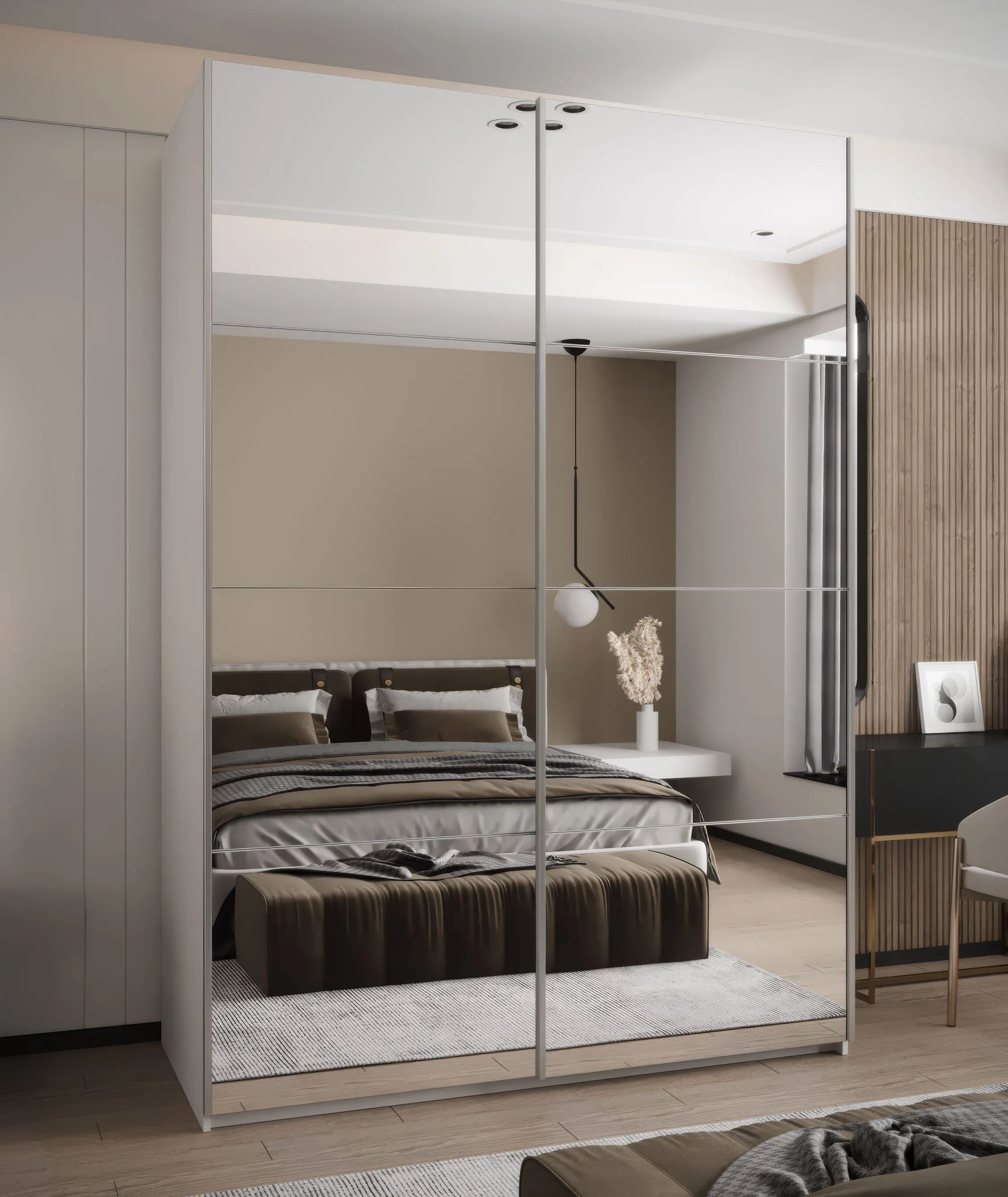Kleiderschrank / Schiebetürenschrank | Spiegel | 245,5 x 180 x 64 cm | Soft-Close | 2 Kleiderstangen | 11 Fächer | Farbe: Weiß