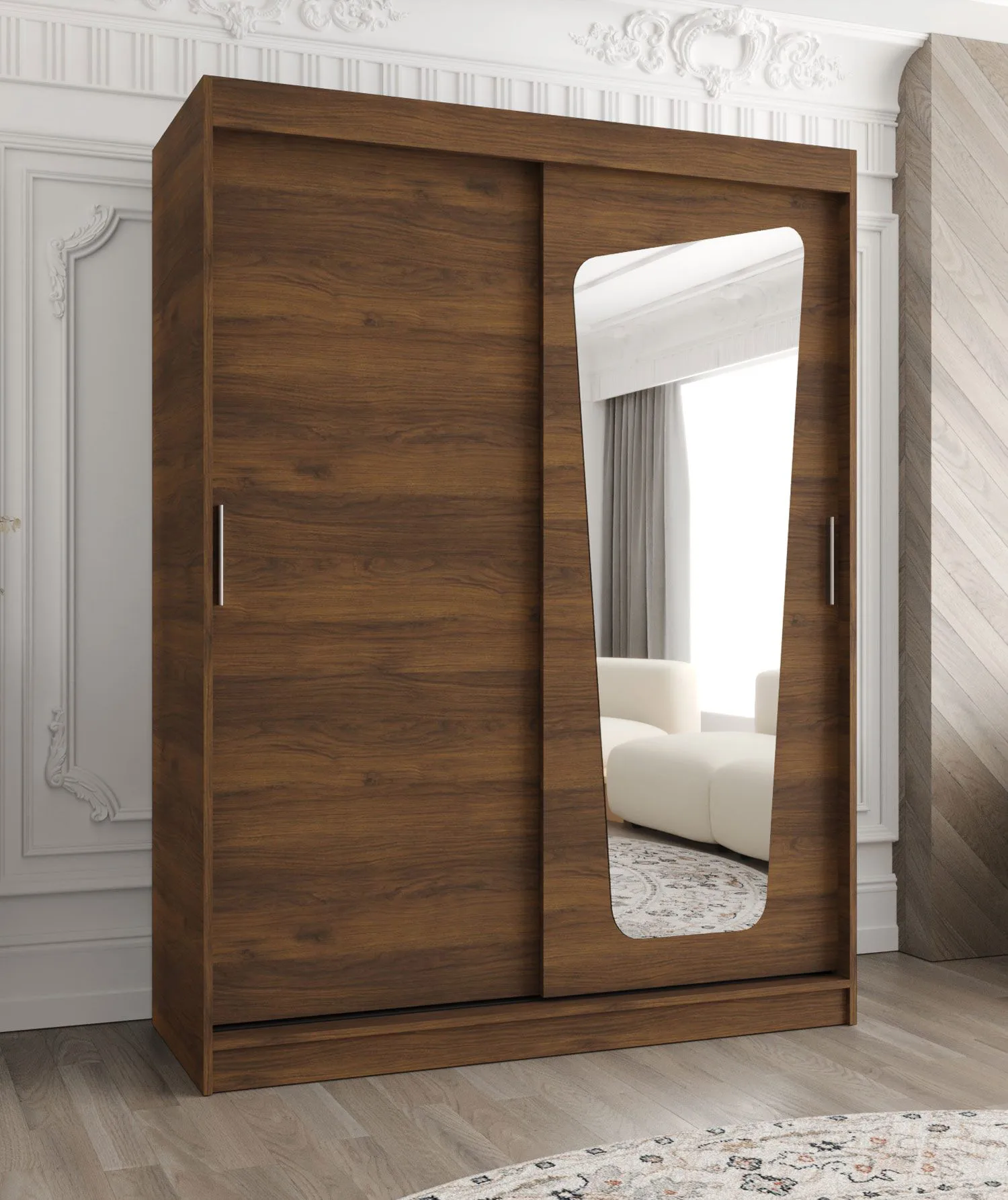 Schiebetürenschrank | eine Spiegeltür | Farbe: Walnuss | 1,5 Meter breit | fünf Fächer | zwei Kleiderstangen | Kleiderschrank