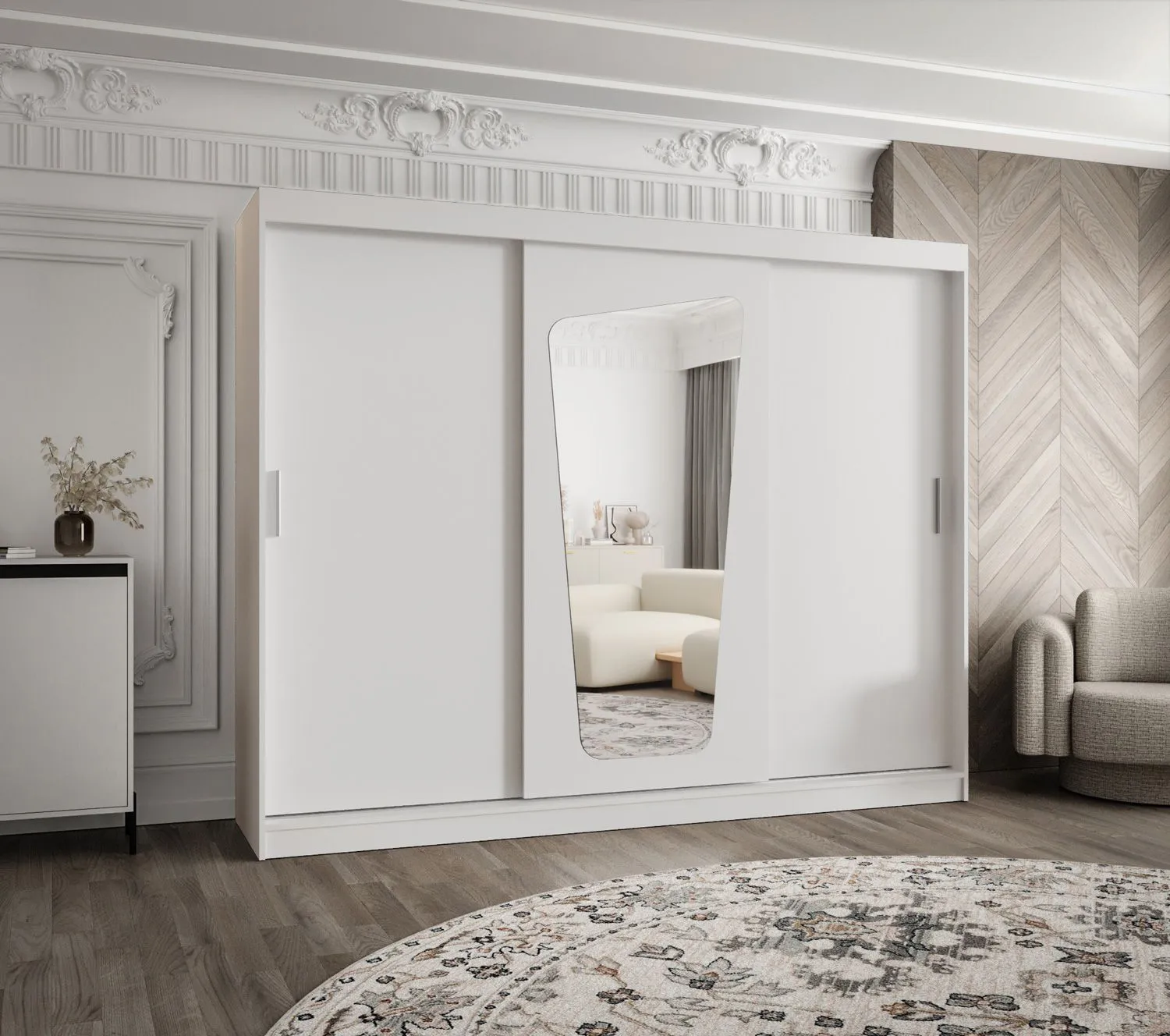 Kleiderschrank Aletschhorn 22, 2,5 Meter breit, Farbe: Weiß, zwei Spiegeltüren, Aluminiumschienen, 10 Fächer, Schiebetürenschrank, zwei Kleiderstangen