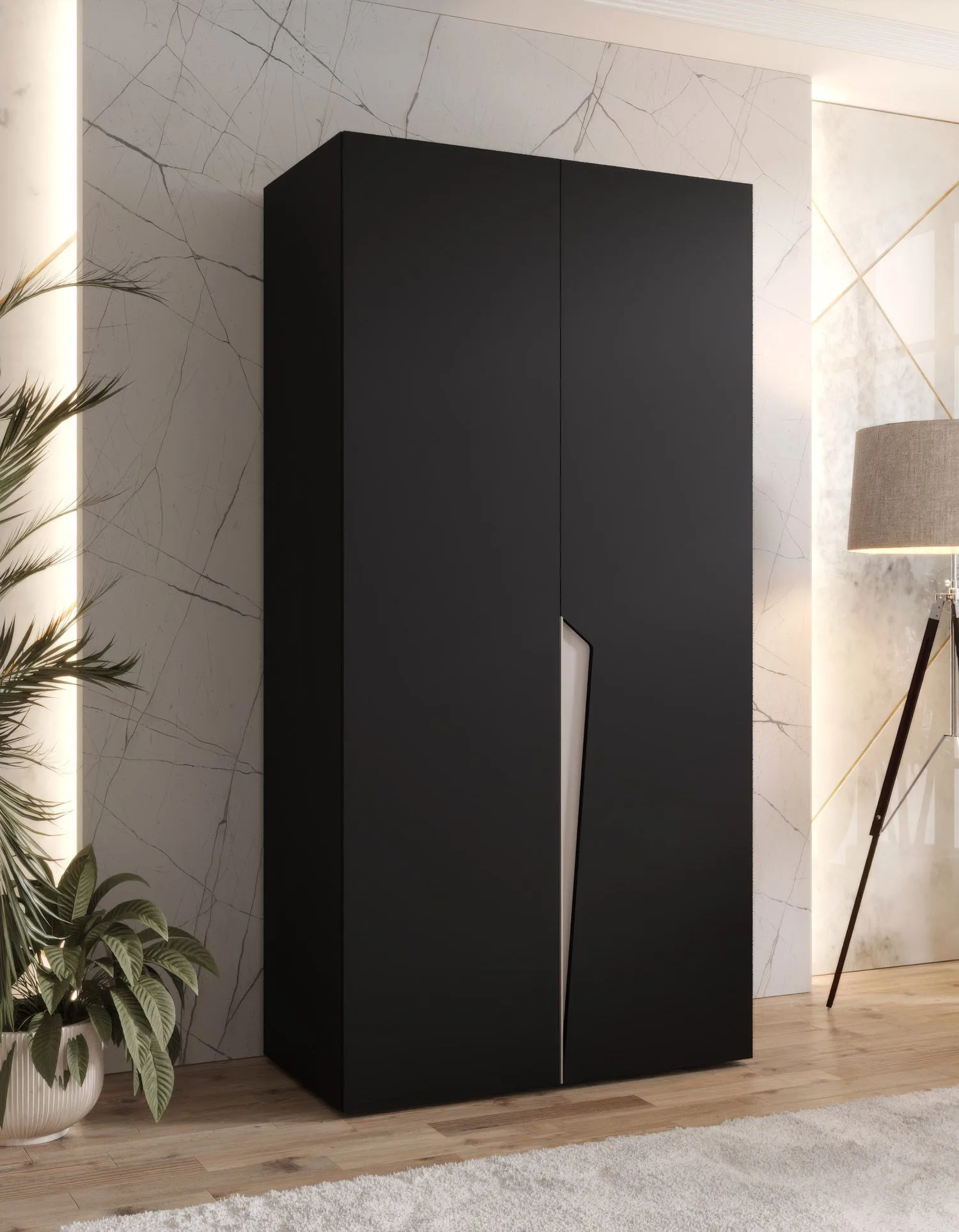 Kleiderschrank | 1 Fach | Farbe: Schwarz | 1 Kleiderstange | Soft-Close-Funktion | 1 Meter breit | Griffe: Kaschmir | ABS-Kanten