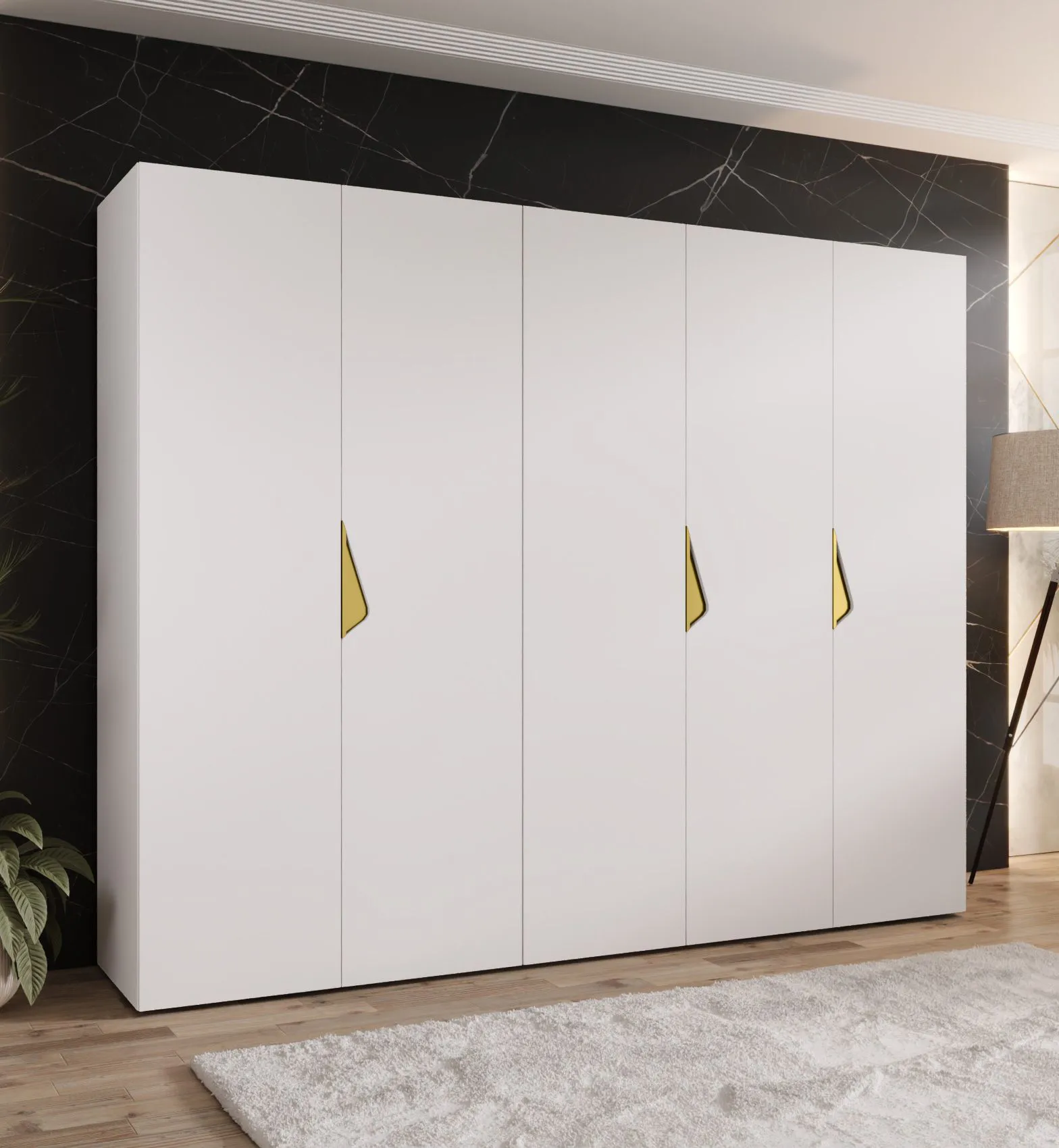Kleiderschrank | 5-Türig | Farbe: Weiß | 2,5 Meter breit | Griffe: Gold | 3 Kleiderstangen | 3 Fächer | Maße: 250 x 52 x 202 cm