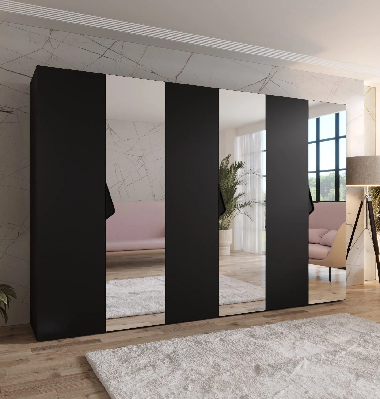 Kleiderschrank | 3 Spiegeltüren | 3 Fächer | Farbe: Schwarz | 3 Kleiderstangen | Griffe: Schwarz | Maße: 300 x 52 x 202 cm