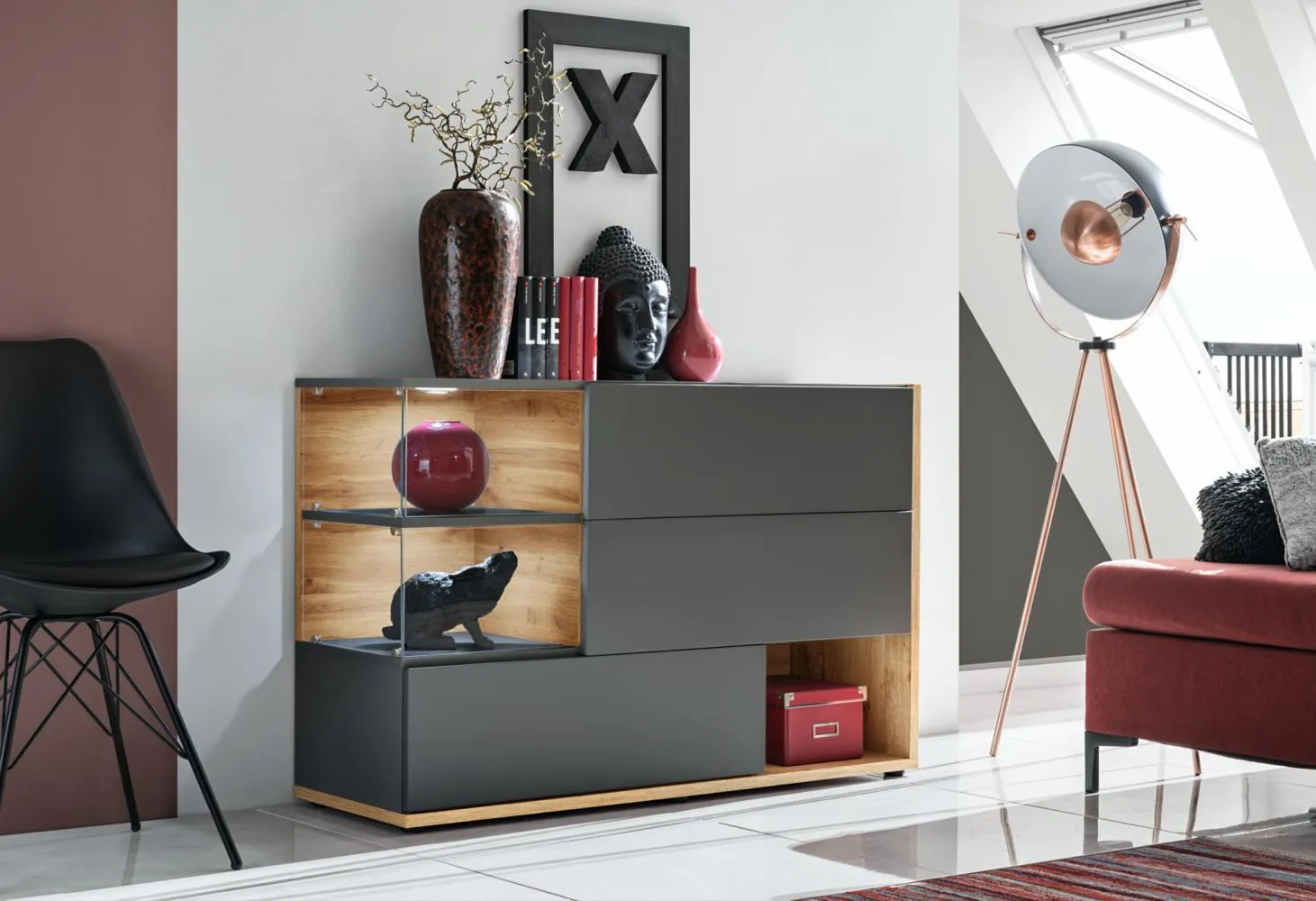 Modernes Sideboard / Kommode Bjordal 42, Farbe: Anthrazit / Eiche Wotan