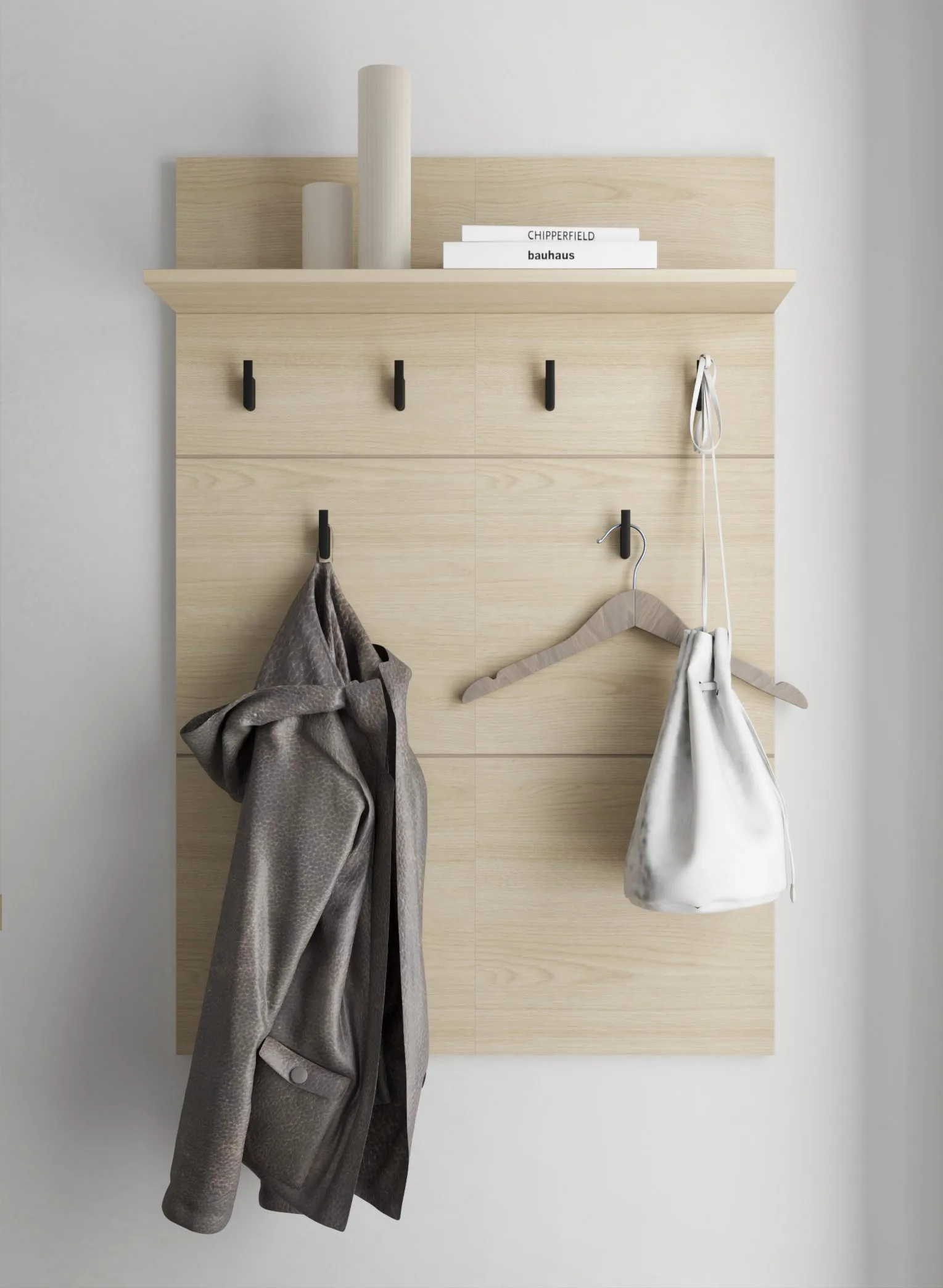 Garderobe | 6 Haken | Farbe: Eiche light Port | ABS-Kanten | 1 Ablagefläche | Maße: 77 x 19,5 x 115 cm | Haken: Schwarz