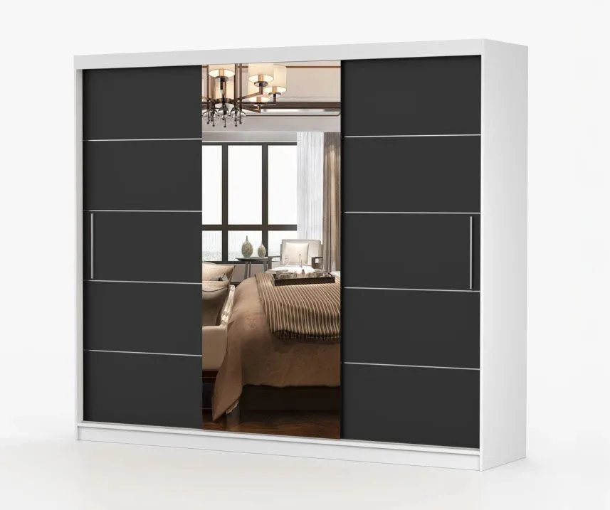 2,5 Meter breiter Kleiderschrank / Schiebetürenschrank mit Spiegel Weiß / Schwarz | Cevennen 09 | 218 x 250 x 61 cm | 3 Türen | 12 Fächer